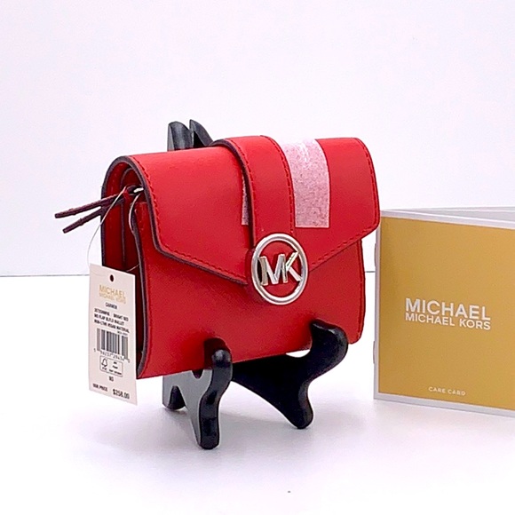 MICHAEL KORS CARMEN MEDIUM LOGO AND FAUX LEATHER WALLET BRIGHT RED NWT - Picture 1 of 12
